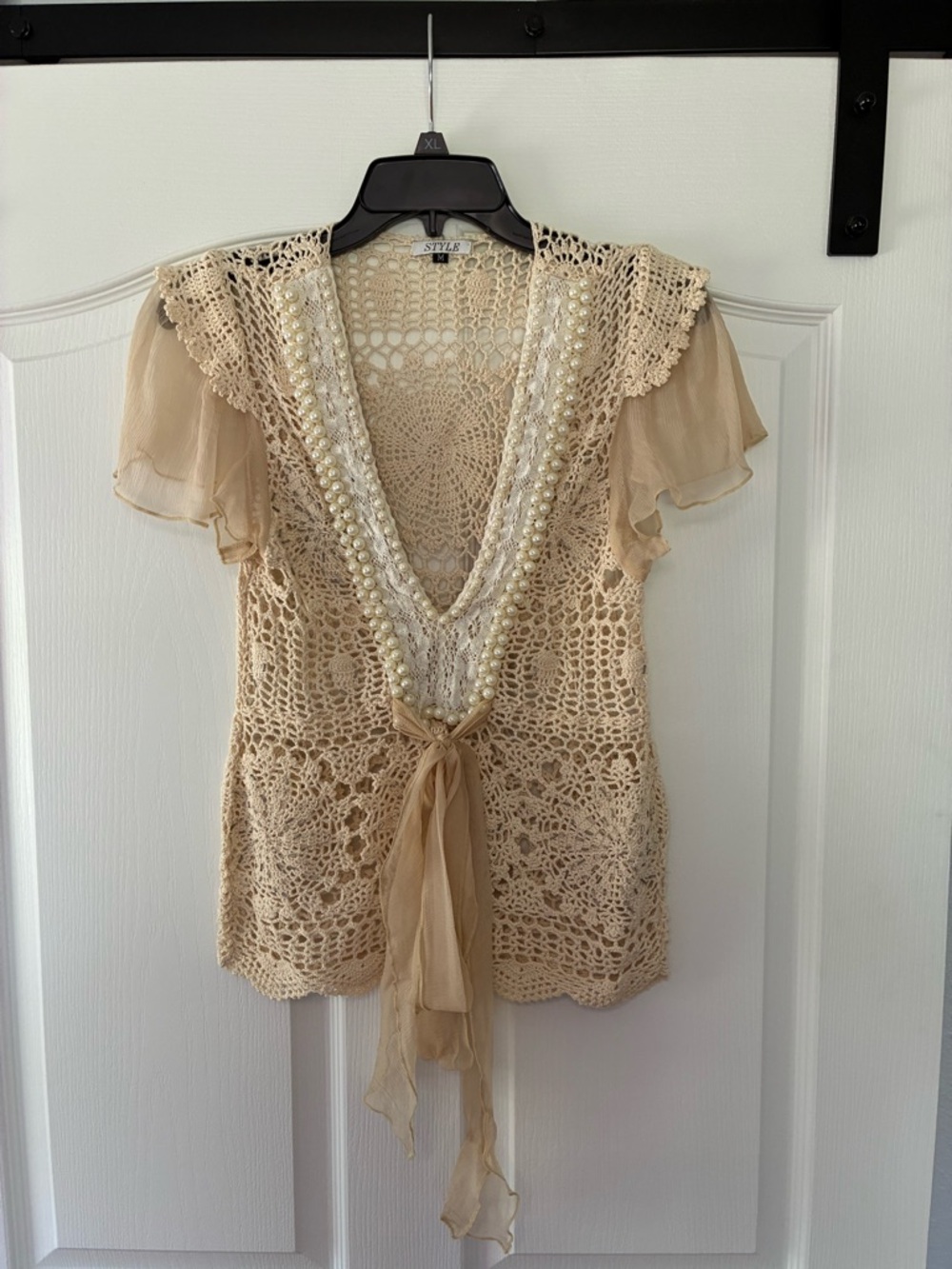 Style & Co. Beige Crochet Lace Blouse with Sheer Tie